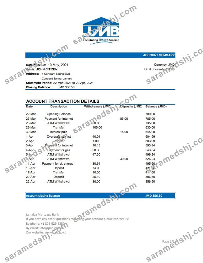 Jamaica Mortgage Bank statement easy to fill template in Excel and PDF format